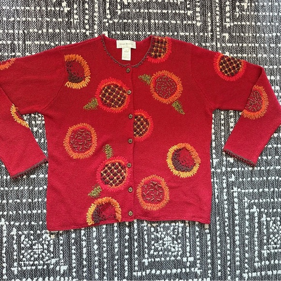 Vintage Cardigan Sweater Susan Bristol L Granny-core Hand Beaded Red Floral Read - Picture 1 of 12